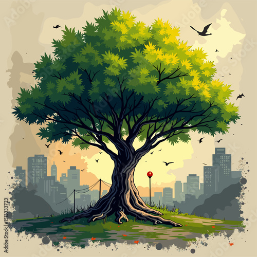 Urban Tree Art: A Bold Vector Illustration of Street Art Inspired Tree with Spray Paint Elements and Vibrant Colors. Ideal for urban art, forestry events, and environmental design projects. Dynamic
