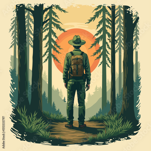 Vintage Forest Ranger Vector Art: Retro Conservation Illustration with Halftone Patterns and Bold Lines. Mid-Century Style Graphic Emphasizing Nature Connection. Active Role for Environment. Muted