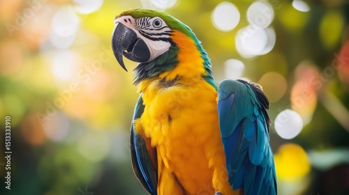 Vibrant yellow parrot perched on a branch with detailed feathers and bright eyes in natural tropical environment