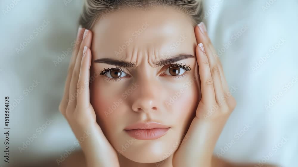 Close-up Portrait of a Stressed Woman with Headache, Holding Temples, Experiencing Pain, Frustration, and Anxiety, Seeking Relief Close-up Portrait of a Stressed Woman with Headache, Holding Temples, Experiencing Pain, Frustration, and Anxiety, Seeking Relief