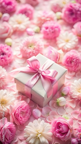 Gift box with ribbon on pink background