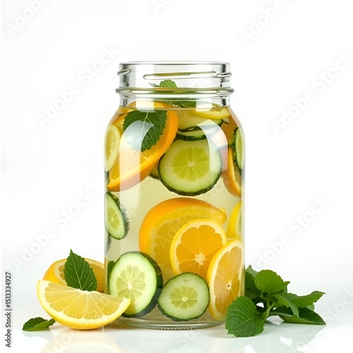 Infused Water in Glass Jar with Cucumber, Lemon, Orange, and Mint on White Background photo