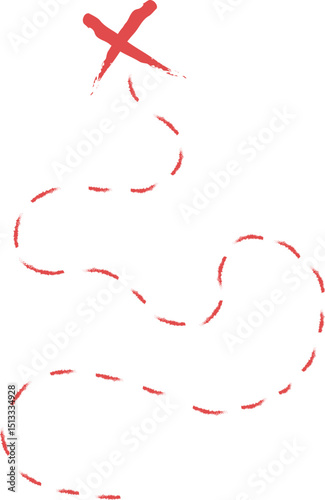 Treasure map element. A dashed line and red X mark ink on the map, the treasure map with a dotted line, X marks the spot, dashed line to an X, red ink
