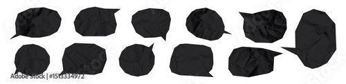 Black speech bubbles cut out of crumpled paper trendy elements set. Social media clip art, modern retro vector illustration for mixed media design isolated on transparent background
