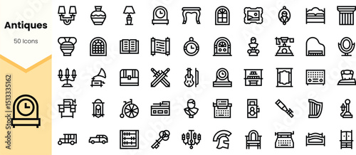 A collection of line icons representing various antiques, including clocks, vases, and furniture, suitable for designs and vintage-themed projects.