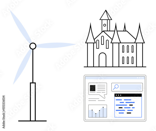 Wind turbine for renewable energy, medieval-style castle representing heritage, digital dashboard for analytics. Ideal for sustainability, technology, innovation, environment, data analysis, heritage