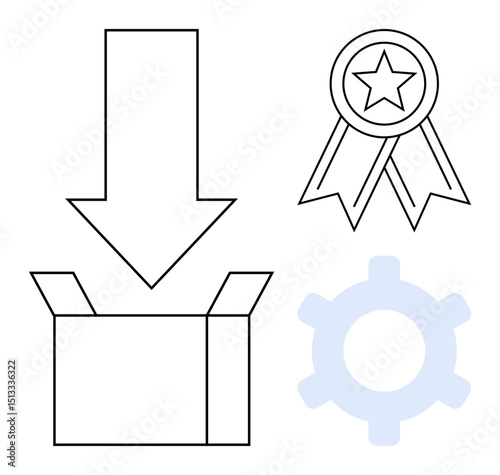 Box with downward arrow, star badge, and gear symbolize delivery, quality assurance, functionality, efficiency, system improvement, packaging business solutions. Ideal for logistics innovation