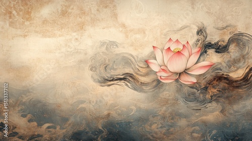 Watercolor painting of a flower with soft pink petals surrounded by clouds.