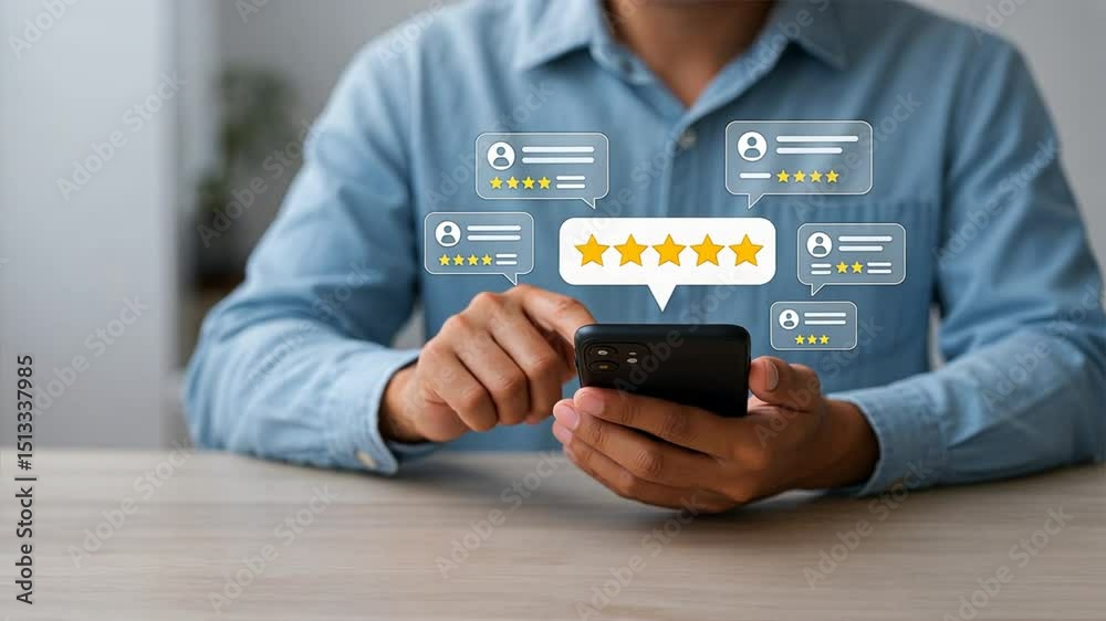 Online customer satisfaction survey where clients rate service and provide 5 star feedback. Reviews influence business reputation and help improve service quality