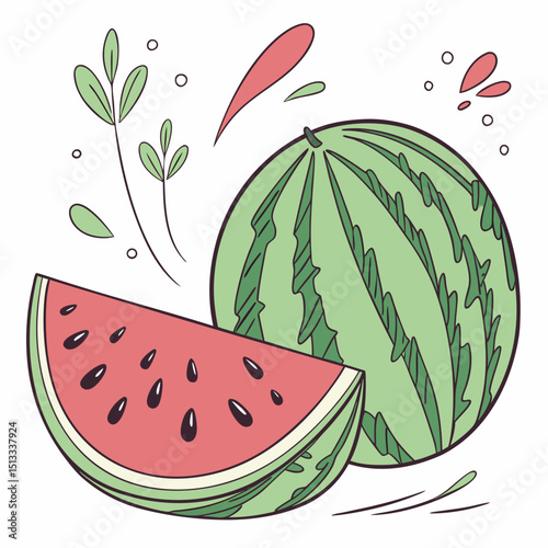 Watermelon illustration with a slice and decorative elements in a colorful and playful style with copy space
