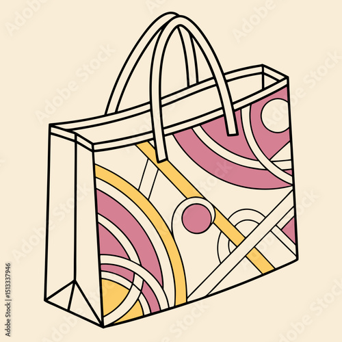 Fashion tote bag illustration with a colorful geometric design in a playful and modern style with copy space