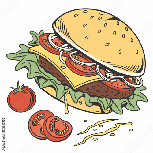 Delicious hamburger illustration with fresh ingredients and tomatoes in a vibrant and inviting style with copy space