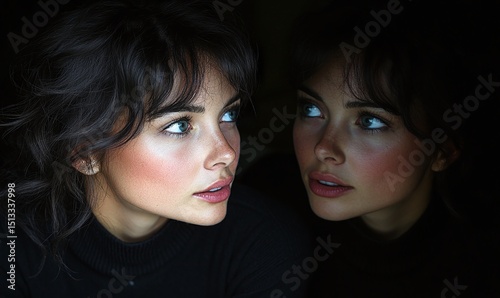 A Person's Reflection In A Mirror, Dark Background, Digital Glitch Effect