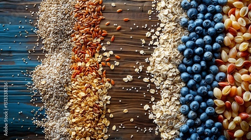 Macro banner view of oats flaxseed millet sprinkled evenly across textured wood clean modern feel usable negative space for web overlay