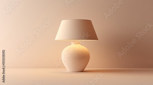 White lamp base and shade isolated in front of softly lit wall