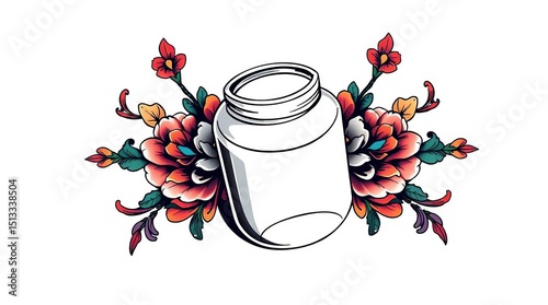 Vibrant Traditional Tattoo Jar Design Cosmetic Jar Mockup with Floral Ornamentation