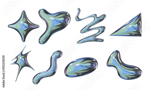 Glossy Chrome Abstract Blob and Shape. A surreal collection of eight chrome elements with blobs waves bursts spikes and smooth shapes in a futuristic metallic style. Perfect for sci fi posters
