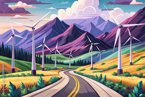 A amazing road through a field with wind turbines. Green energy of wind generators illustration. Mountainous landscape background