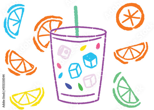 Cold lemonade, tropical juice, or a refreshing cocktail in a glass with a straw, vectorized for illustration