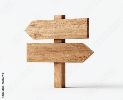 Two blank wooden arrow signs on a wooden post against a white background