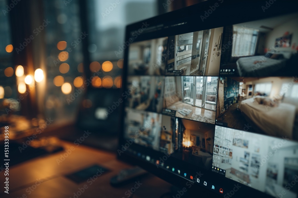 Fototapeta premium Home surveillance footage displayed on monitor screen