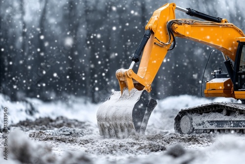 Excavator working in snowstorm on winter construction site