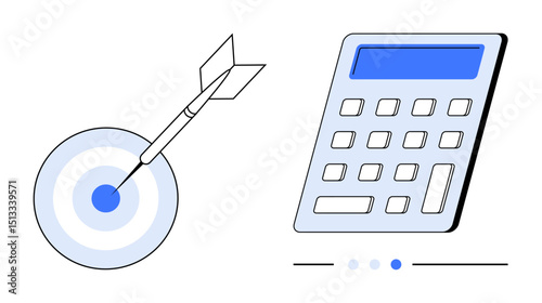 Dart hitting center of target and digital calculator. Ideal for finance, accounting, budgeting, tax planning, goal setting, performance tracking, marketing. Perfect for simple landing page