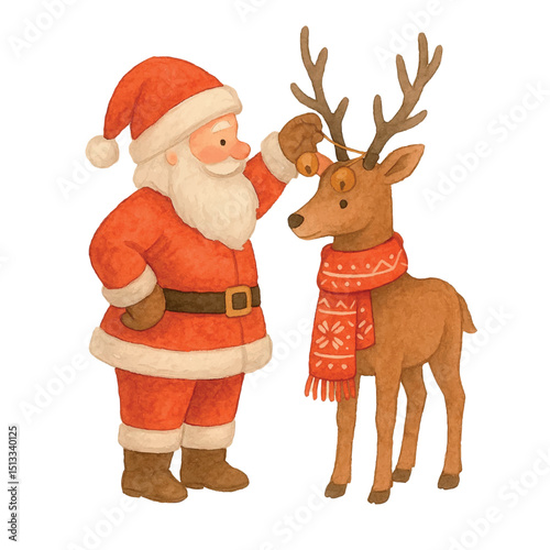 Vector freehand cartoon illustration of a deer and Santa Claus in watercolor isolated on white background. Hand drawn watercolour Christmas reindeer	