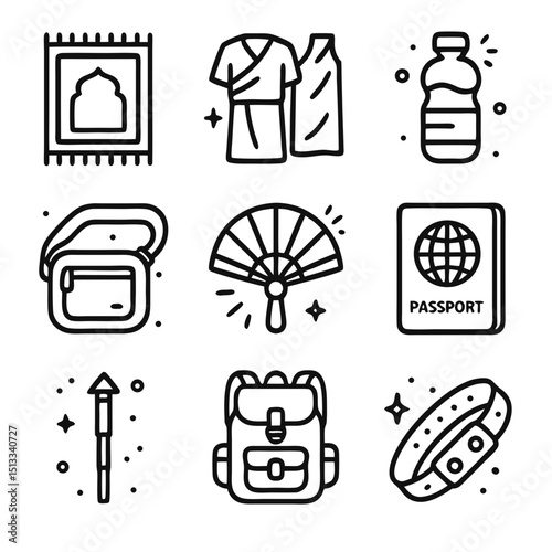 Set of nine stylish and colorful travel icons perfect for web and app design, tourism posters, and travel agency promotional materials.