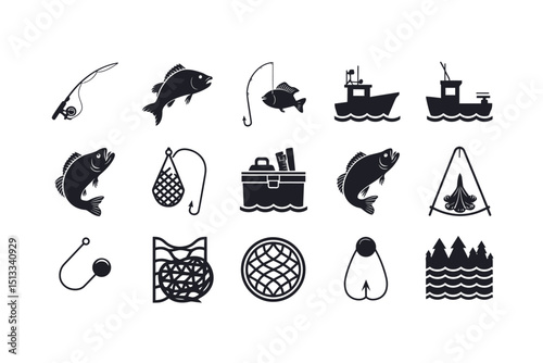 Black and White Fishing Icons Set