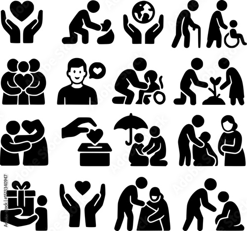 Charity and Social Care Icon Set – Compassion, Volunteering and Humanity Symbols