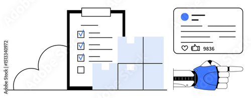 Robot hand pointing to social engagement metrics. Checklist, boxes, and cloud indicating automation, logistics, AI integration. Ideal for e-commerce, automation, AI logistics marketing technology
