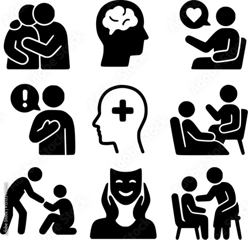 Mental Health Support and Counseling Black Glyph Icon Set