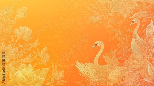 Two swans with floral elements on a gradient orange background illustration.