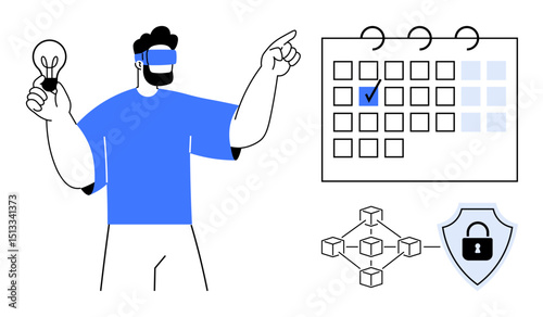 Person holding lightbulb pointing at calendar with marked date, blockchain nodes, and security shield. Ideal for innovation, scheduling, planning, data security, technology blockchain ideas. Flat