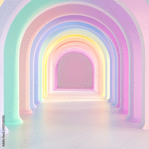 pastel rainbow arches  minimal background  white floor  soft lighting.