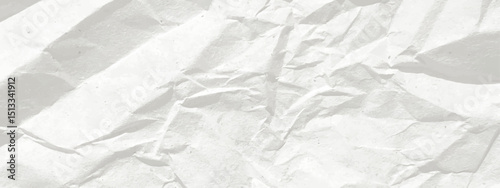Crinkled paper texture. White crumpled paper horizontal banner. Old white wrinkled sheet background. Light gray long parchment bg. Back to school kids backdrop. Punk style collage template