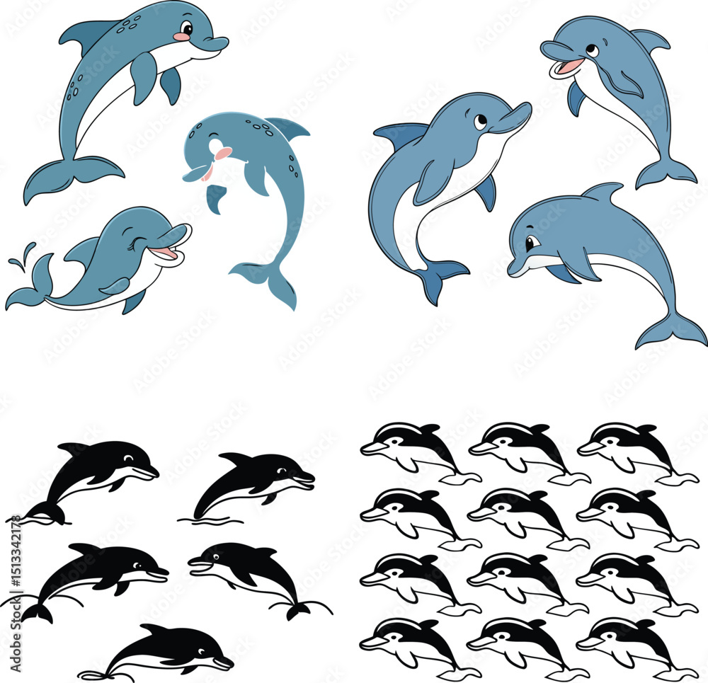 Obraz premium Dolphin Cartoon and Silhouette Vector Collection – Cute Sea Animal Illustrations