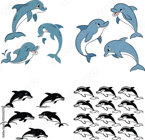 Dolphin Cartoon and Silhouette Vector Collection – Cute Sea Animal Illustrations