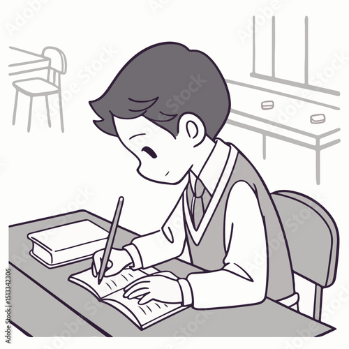 A schoolgirl sitting quietly and writing in her notebook, showing deep focus and dedication to her studies in a calm classroom