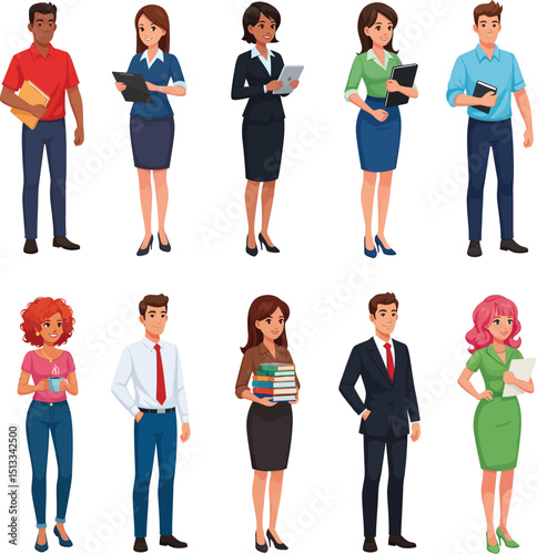 Diverse professionals in various outfits ready for work or business activities isolated on white background