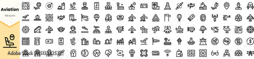 A diverse collection of aviation-themed icons featuring various aircraft, airport elements, and safety symbols, perfect for travel and transportation-related designs.