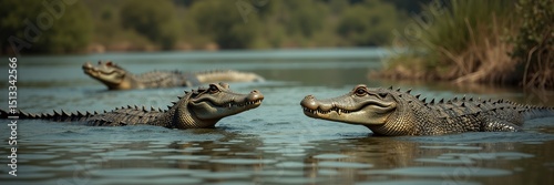 A serene scene showcasing crocodiles swimming in calm waters surrounded by lush greenery, highlighting the beauty of wildlife in their natural habitat.