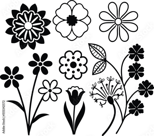 Black and White Flower Silhouettes Vector Set – Petal Shapes and Floral Icons