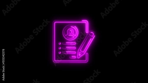 Animated glowing neon icon of a resume or application form with a pen on a black background