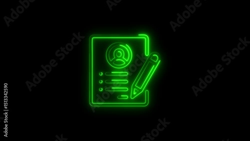 Animated green neon resume and pencil icon with black background illustrating employment and hiring