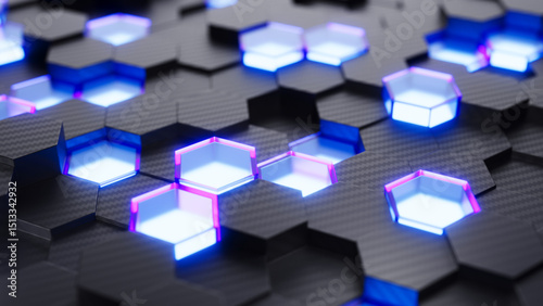 Fototapeta Naklejka Na Ścianę i Meble -  Futuristic honeycomb mosaic background. Technology concept, hexagon cells grid. 3d illustration
