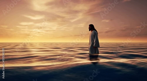 Jesus stepping over evening waves on Galilee, glowing sky above, Easter night air filled with divine light and grace photo