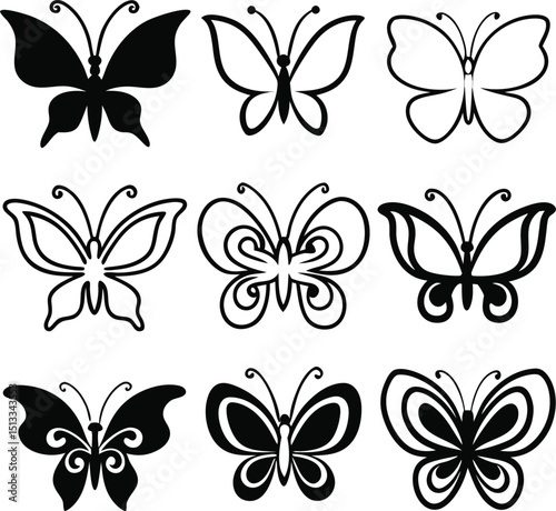 Black and White Butterfly Silhouette Vector set Clipart Collection