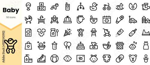 A collection of minimalist line icons representing various baby-related items, including toys, clothing, and accessories, ideal for childcare themes and designs.